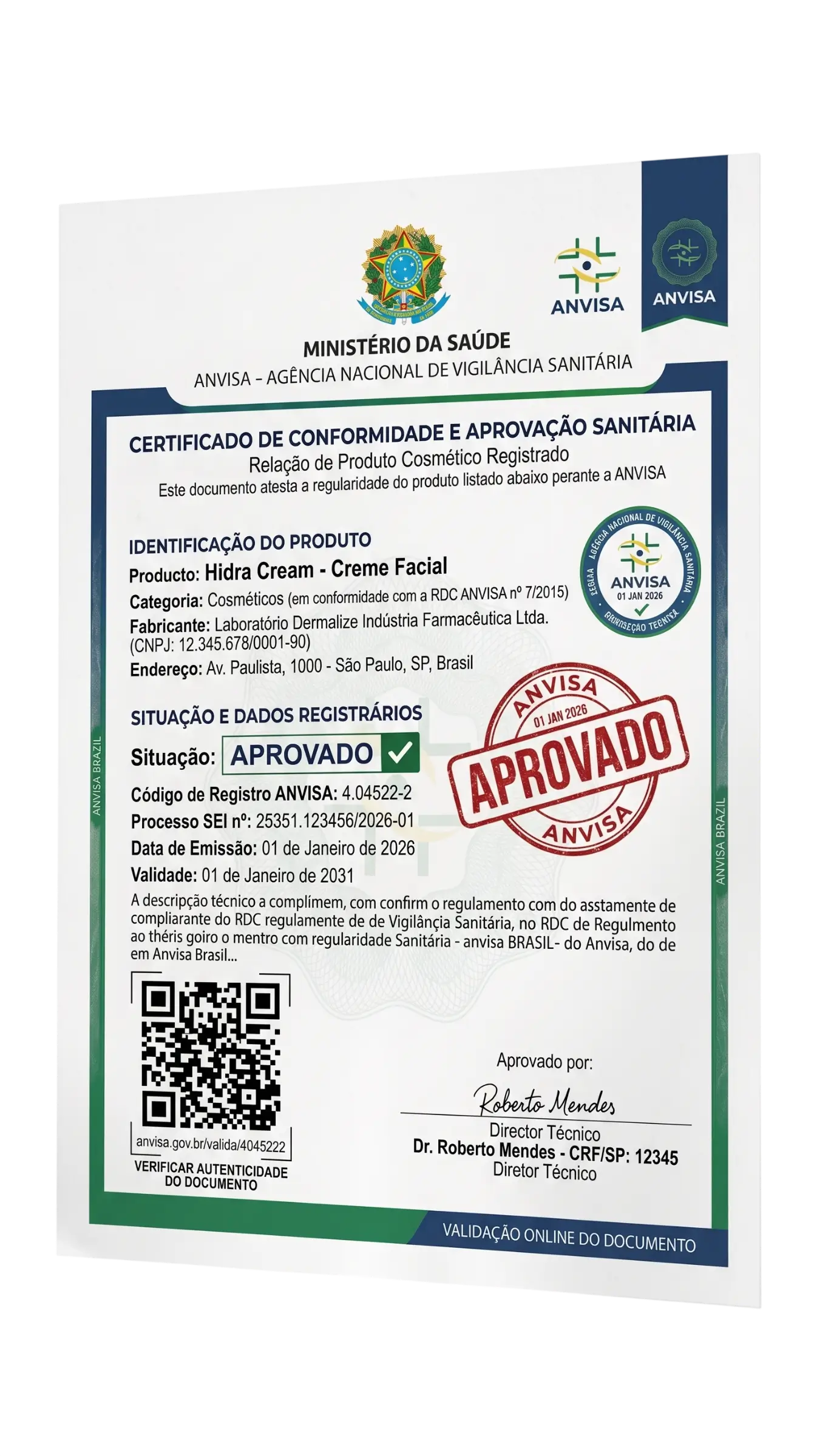 Informações de segurança e registro apresentadas pelo fabricante